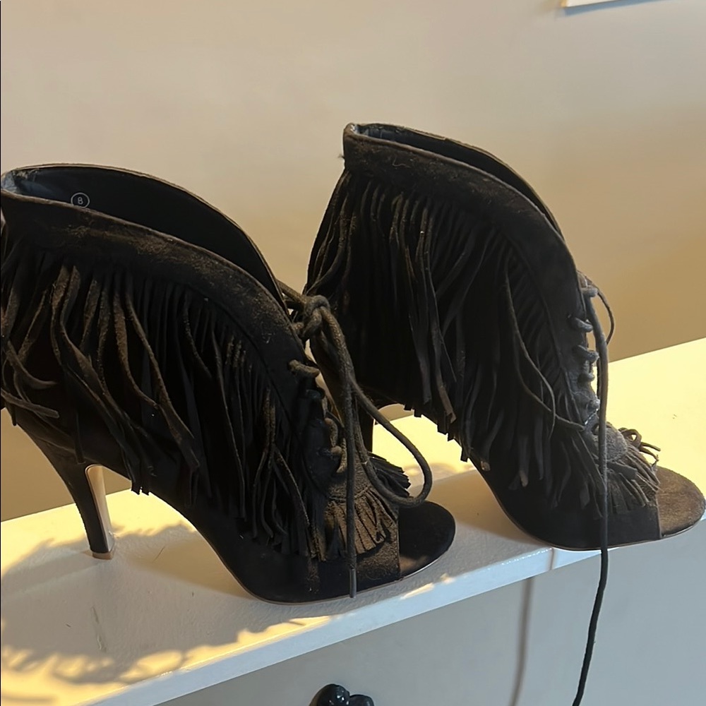 Fringe Lace-Up Black Ankle Boots